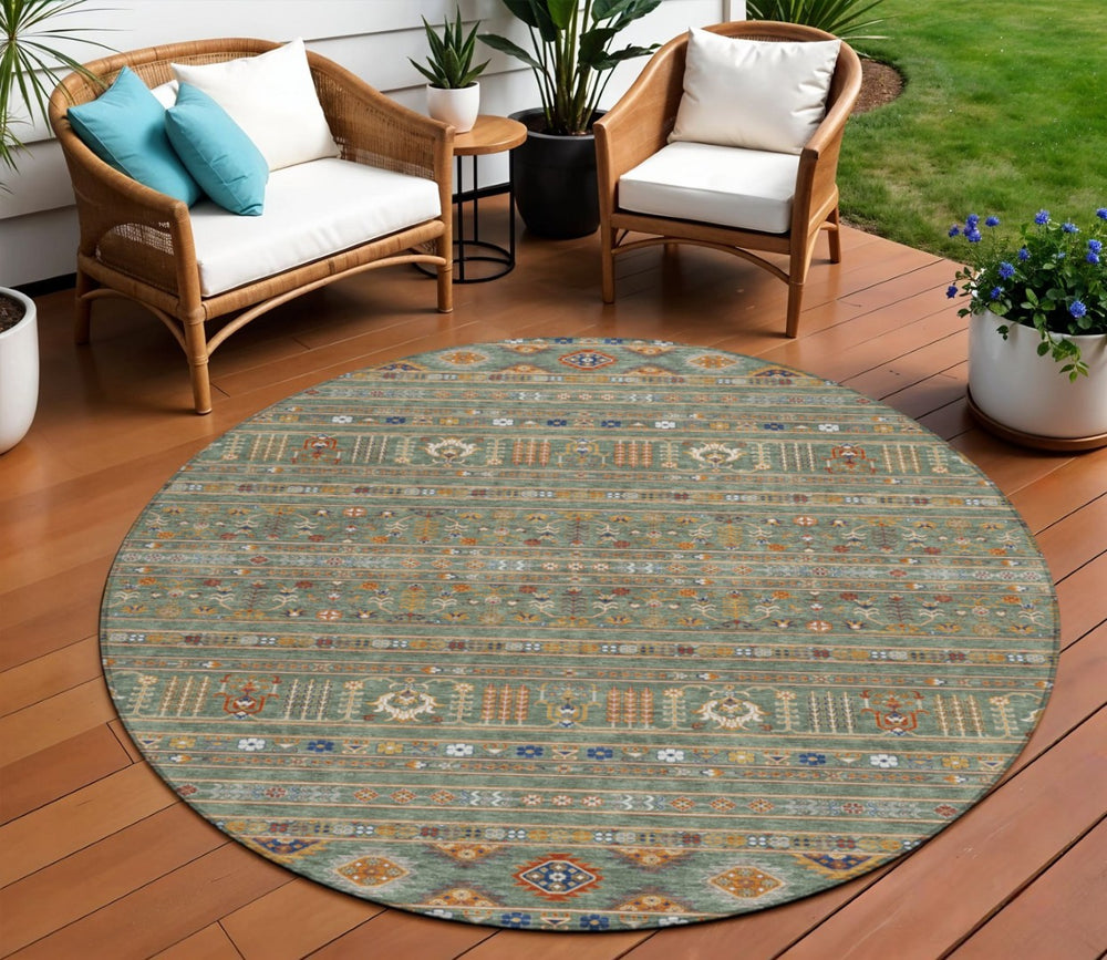HomeRoots 8' Round Tribal Area Rug in Sage Gold Copper – Stylish, Washable, Durable for Indoor & Outdoor Spaces 640072