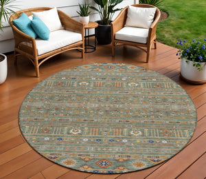 HomeRoots 8' Round Tribal Area Rug in Sage Gold Copper – Stylish, Washable, Durable for Indoor & Outdoor Spaces 640072