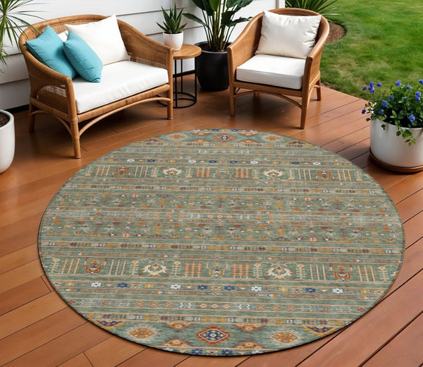 HomeRoots 8' Round Tribal Area Rug in Sage Gold Copper – Stylish, Washable, Durable for Indoor & Outdoor Spaces 640072