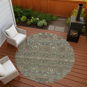 HomeRoots 8' Round Tribal Area Rug in Sage Gold Copper – Stylish, Washable, Durable for Indoor & Outdoor Spaces 640072