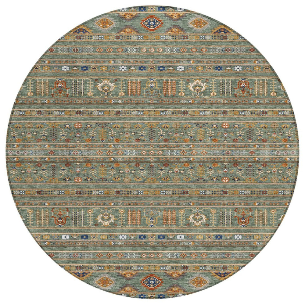 HomeRoots 8' Round Tribal Area Rug in Sage Gold Copper – Stylish, Washable, Durable for Indoor & Outdoor Spaces 640072