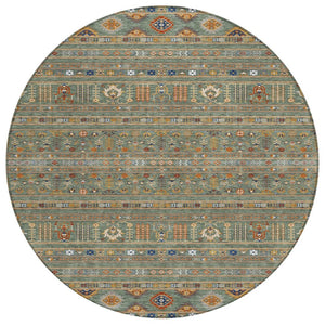 HomeRoots 8' Round Tribal Area Rug in Sage Gold Copper – Stylish, Washable, Durable for Indoor & Outdoor Spaces 640072