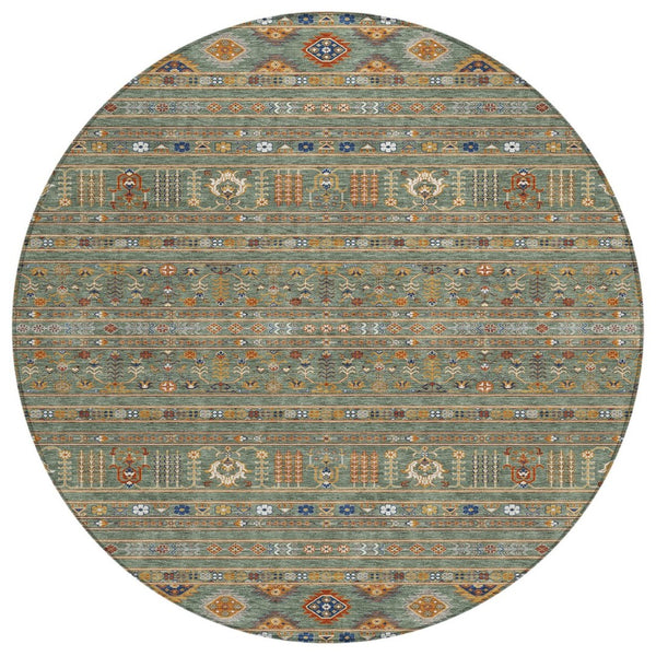 HomeRoots 8' Round Tribal Area Rug in Sage Gold Copper – Stylish, Washable, Durable for Indoor & Outdoor Spaces 640072