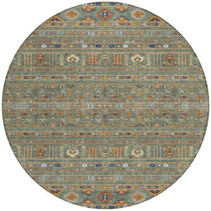 HomeRoots 8' Round Tribal Area Rug in Sage Gold Copper – Stylish, Washable, Durable for Indoor & Outdoor Spaces 640072