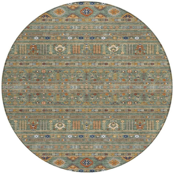 HomeRoots 8' Round Tribal Area Rug in Sage Gold Copper – Stylish, Washable, Durable for Indoor & Outdoor Spaces 640072