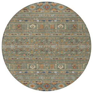HomeRoots 8' Round Tribal Area Rug in Sage Gold Copper – Stylish, Washable, Durable for Indoor & Outdoor Spaces 640072