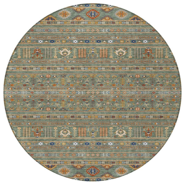 HomeRoots 8' Round Tribal Area Rug in Sage Gold Copper – Stylish, Washable, Durable for Indoor & Outdoor Spaces 640072