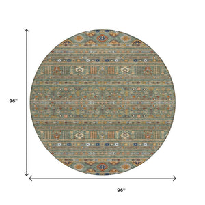 HomeRoots 8' Round Tribal Area Rug in Sage Gold Copper – Stylish, Washable, Durable for Indoor & Outdoor Spaces 640072