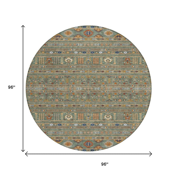 HomeRoots 8' Round Tribal Area Rug in Sage Gold Copper – Stylish, Washable, Durable for Indoor & Outdoor Spaces 640072