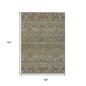 HomeRoots 9' X 12' Stylish Sage Gold Copper Tribal Area Rug - Washable, Durable for Indoors & Outdoors Use 640074