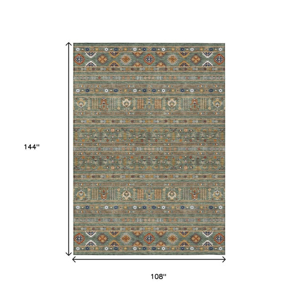 HomeRoots 9' X 12' Stylish Sage Gold Copper Tribal Area Rug - Washable, Durable for Indoors & Outdoors Use 640074