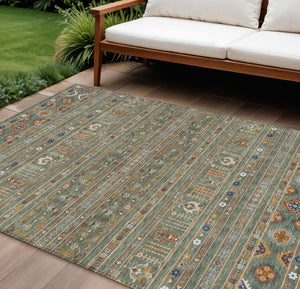 HomeRoots 9' X 12' Stylish Sage Gold Copper Tribal Area Rug - Washable, Durable for Indoors & Outdoors Use 640074