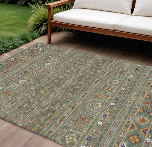HomeRoots 9' X 12' Stylish Sage Gold Copper Tribal Area Rug - Washable, Durable for Indoors & Outdoors Use 640074