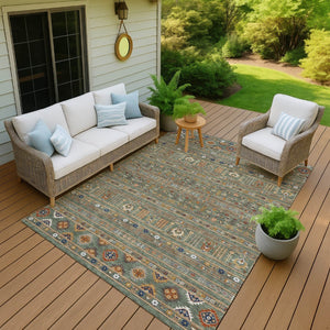 HomeRoots 9' X 12' Stylish Sage Gold Copper Tribal Area Rug - Washable, Durable for Indoors & Outdoors Use 640074