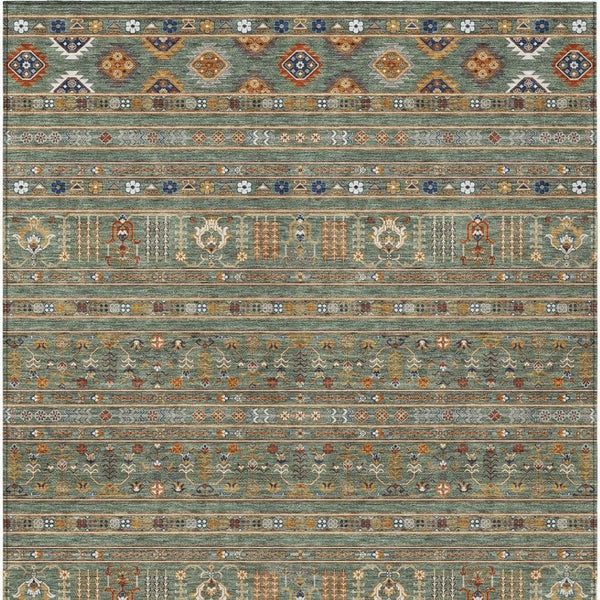 HomeRoots 9' X 12' Stylish Sage Gold Copper Tribal Area Rug - Washable, Durable for Indoors & Outdoors Use 640074