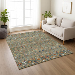 HomeRoots 9' X 12' Stylish Sage Gold Copper Tribal Area Rug - Washable, Durable for Indoors & Outdoors Use 640074