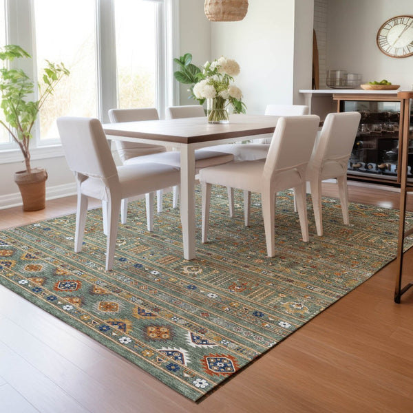 HomeRoots 9' X 12' Stylish Sage Gold Copper Tribal Area Rug - Washable, Durable for Indoors & Outdoors Use 640074