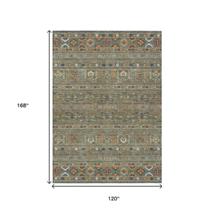 HomeRoots 10' Sage Gold and Copper Tribal Area Rug - Washable, Durable Indoor/Outdoor Design for Any Space 640075