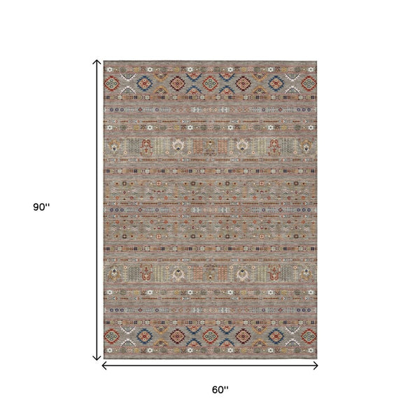HomeRoots 5' Taupe Blue & Copper Tribal Washable Area Rug - Stylish, Durable, & Easy-Care for Indoor/Outdoor Use 640077