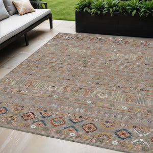 HomeRoots 5' Taupe Blue & Copper Tribal Washable Area Rug - Stylish, Durable, & Easy-Care for Indoor/Outdoor Use 640077