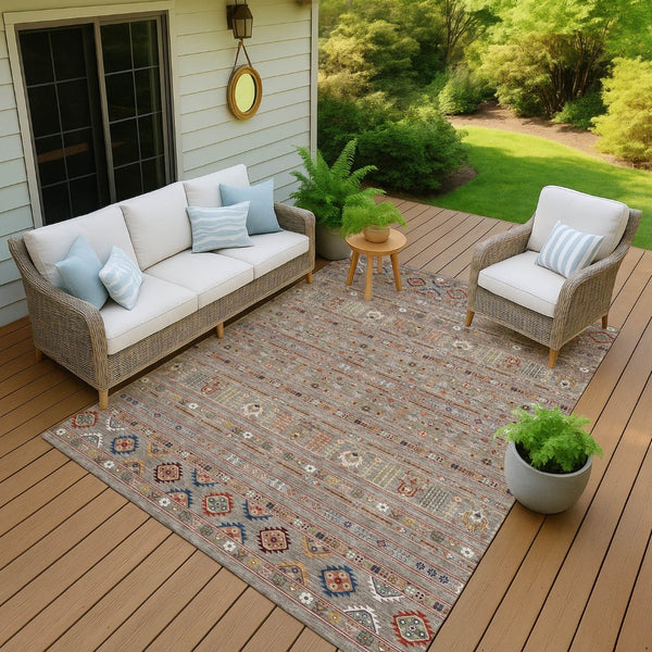 HomeRoots 5' Taupe Blue & Copper Tribal Washable Area Rug - Stylish, Durable, & Easy-Care for Indoor/Outdoor Use 640077