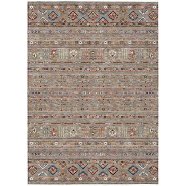 HomeRoots 5' Taupe Blue & Copper Tribal Washable Area Rug - Stylish, Durable, & Easy-Care for Indoor/Outdoor Use 640077