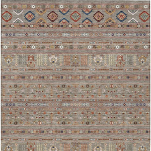 HomeRoots 5' Taupe Blue & Copper Tribal Washable Area Rug - Stylish, Durable, & Easy-Care for Indoor/Outdoor Use 640077