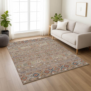 HomeRoots 5' Taupe Blue & Copper Tribal Washable Area Rug - Stylish, Durable, & Easy-Care for Indoor/Outdoor Use 640077