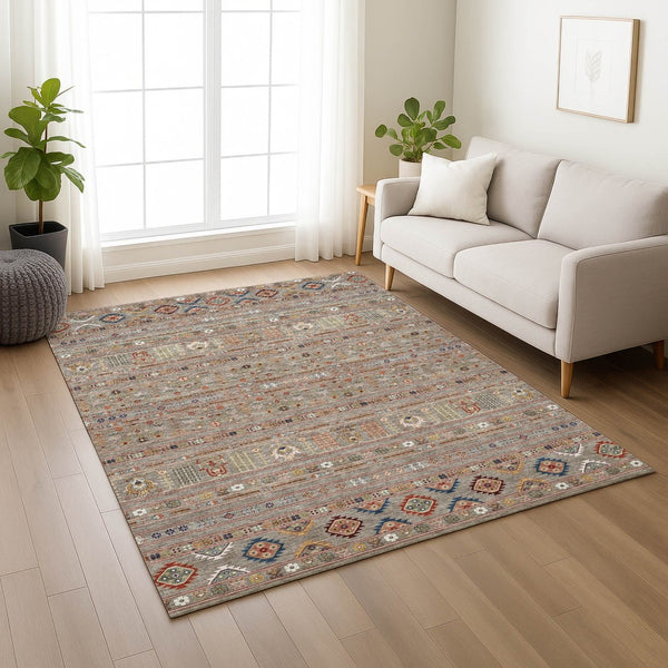 HomeRoots 5' Taupe Blue & Copper Tribal Washable Area Rug - Stylish, Durable, & Easy-Care for Indoor/Outdoor Use 640077
