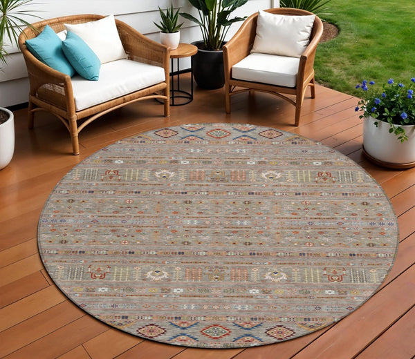 HomeRoots 8' Taupe Blue and Copper Round Tribal Area Rug - Durable, Washable Design for Indoors and Outdoors 640078