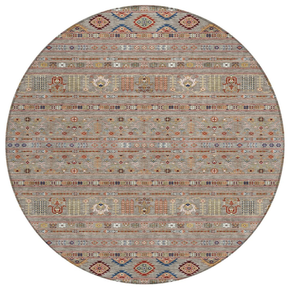 HomeRoots 8' Taupe Blue and Copper Round Tribal Area Rug - Durable, Washable Design for Indoors and Outdoors 640078
