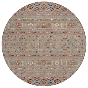 HomeRoots 8' Taupe Blue and Copper Round Tribal Area Rug - Durable, Washable Design for Indoors and Outdoors 640078