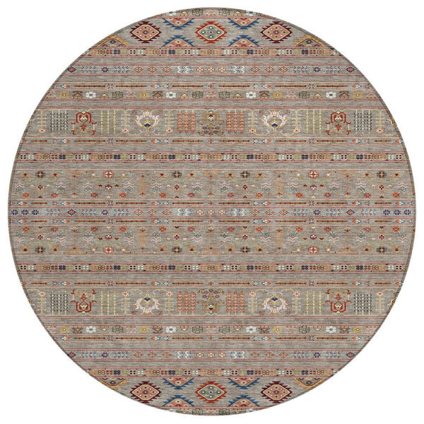 HomeRoots 8' Taupe Blue and Copper Round Tribal Area Rug - Durable, Washable Design for Indoors and Outdoors 640078