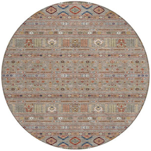 HomeRoots 8' Taupe Blue and Copper Round Tribal Area Rug - Durable, Washable Design for Indoors and Outdoors 640078