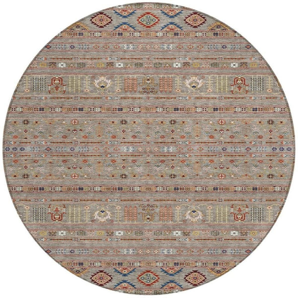 HomeRoots 8' Taupe Blue and Copper Round Tribal Area Rug - Durable, Washable Design for Indoors and Outdoors 640078