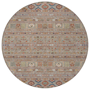 HomeRoots 8' Taupe Blue and Copper Round Tribal Area Rug - Durable, Washable Design for Indoors and Outdoors 640078
