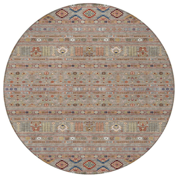HomeRoots 8' Taupe Blue and Copper Round Tribal Area Rug - Durable, Washable Design for Indoors and Outdoors 640078