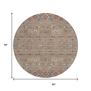 HomeRoots 8' Taupe Blue and Copper Round Tribal Area Rug - Durable, Washable Design for Indoors and Outdoors 640078