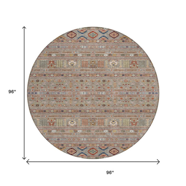 HomeRoots 8' Taupe Blue and Copper Round Tribal Area Rug - Durable, Washable Design for Indoors and Outdoors 640078