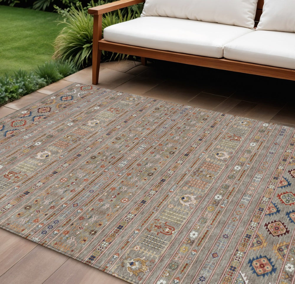 HomeRoots 8' X 10' Indoor Outdoor Tribal Area Rug in Taupe, Blue & Copper – Washable, Durable & Stylish Decor 640079