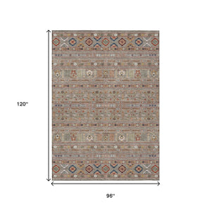 HomeRoots 8' X 10' Indoor Outdoor Tribal Area Rug in Taupe, Blue & Copper – Washable, Durable & Stylish Decor 640079