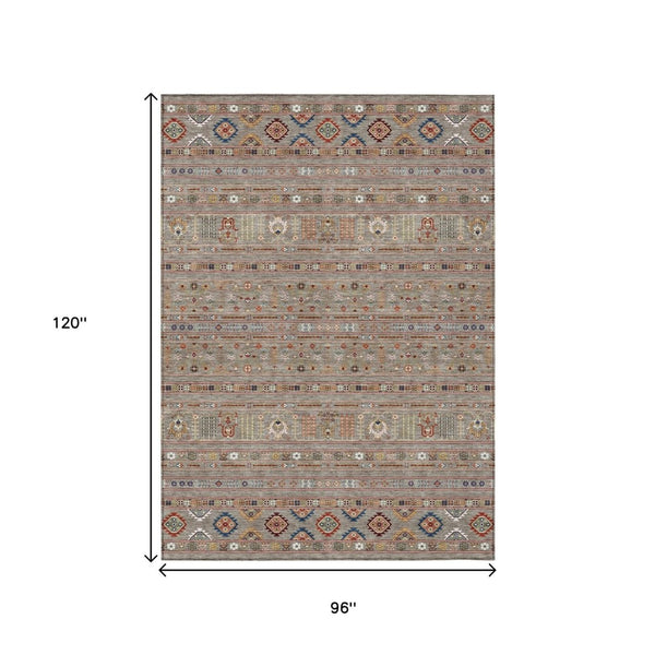 HomeRoots 8' X 10' Indoor Outdoor Tribal Area Rug in Taupe, Blue & Copper – Washable, Durable & Stylish Decor 640079