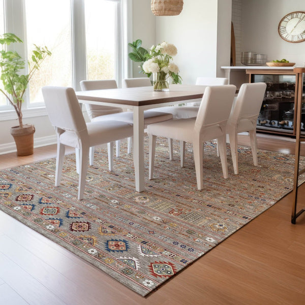 HomeRoots 8' X 10' Indoor Outdoor Tribal Area Rug in Taupe, Blue & Copper – Washable, Durable & Stylish Decor 640079
