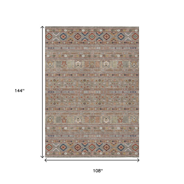 HomeRoots 9' X 12' Stylish Taupe Blue and Copper Tribal Area Rug - Washable, Durable for Indoor & Outdoor Use 640080