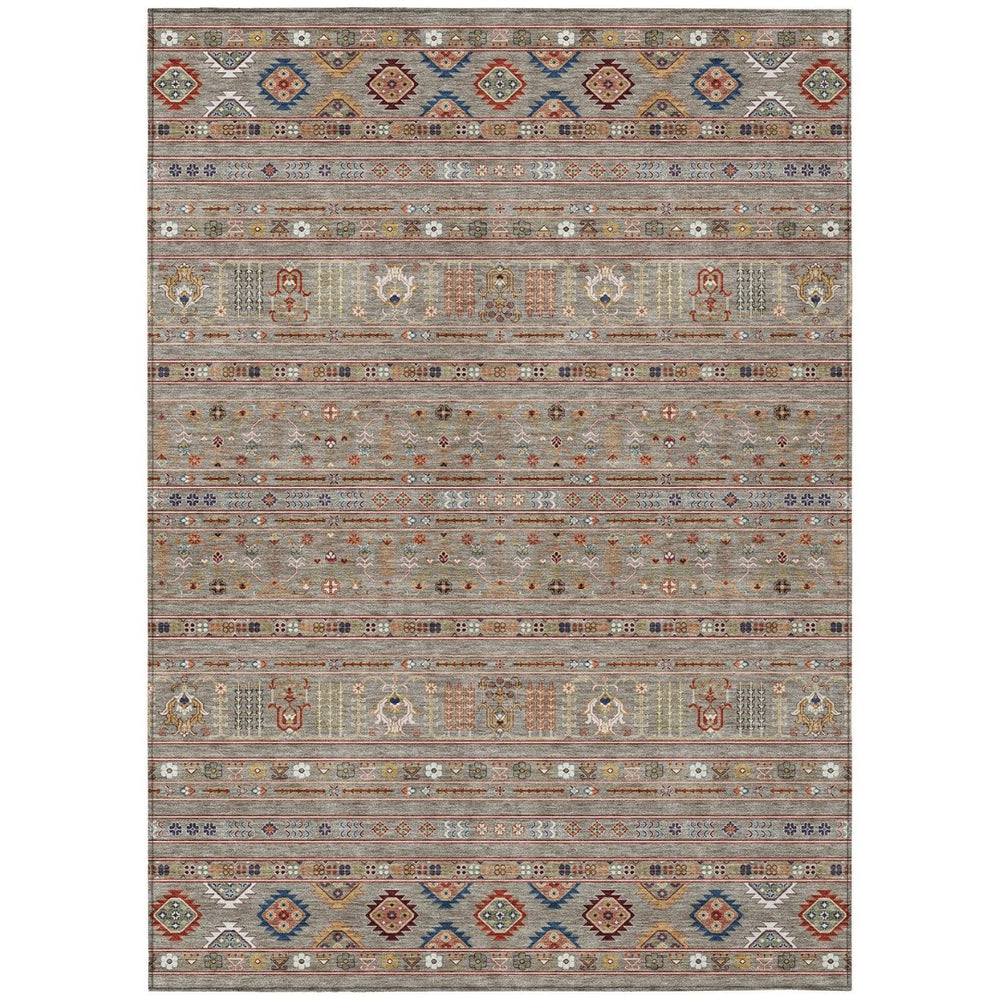 HomeRoots 9' X 12' Stylish Taupe Blue and Copper Tribal Area Rug - Washable, Durable for Indoor & Outdoor Use 640080