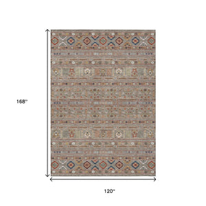 HomeRoots 10' X 14' Stylish Taupe Blue Copper Tribal Indoor Outdoor Washable Area Rug for Versatile Spaces 640081