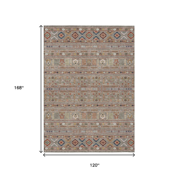 HomeRoots 10' X 14' Stylish Taupe Blue Copper Tribal Indoor Outdoor Washable Area Rug for Versatile Spaces 640081