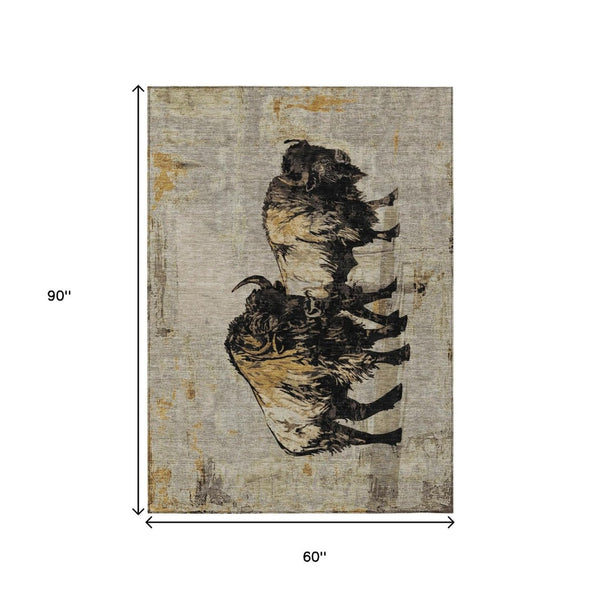 HomeRoots 5' X 8' Khaki Black Ivory Animal Print Area Rug – Durable, Washable, Indoor/Outdoor Style for Any Space 640083