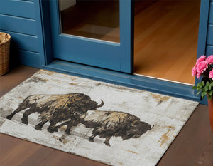 HomeRoots 5' X 8' Khaki Black Ivory Animal Print Area Rug – Durable, Washable, Indoor/Outdoor Style for Any Space 640083