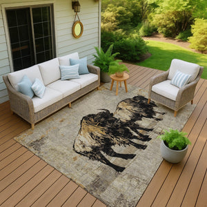HomeRoots 5' X 8' Khaki Black Ivory Animal Print Area Rug – Durable, Washable, Indoor/Outdoor Style for Any Space 640083